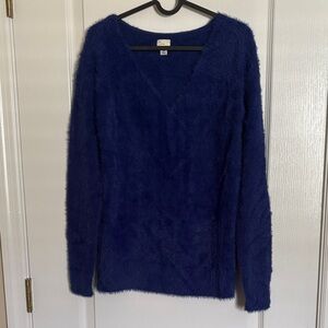 A New Day Deep Blue Fuzzy Soft V-Neck Sweater